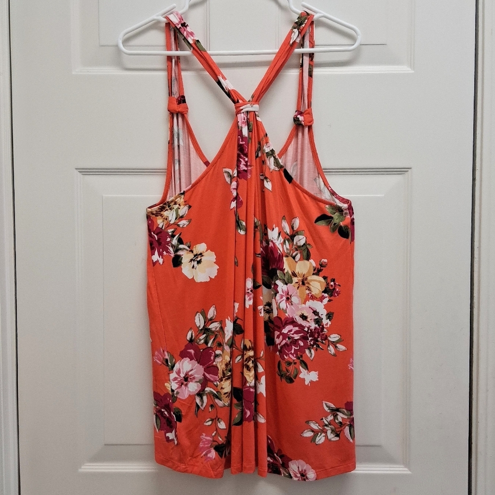 Maurices Floral Tank Top Knot Back Racerback 1X Orange Tropical Resortwear Flowy - Picture 2 of 8